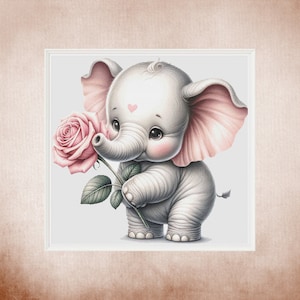 May include: A cute cartoon illustration of a baby elephant holding a pink rose. The elephant has pink ears and a small pink heart on its forehead.