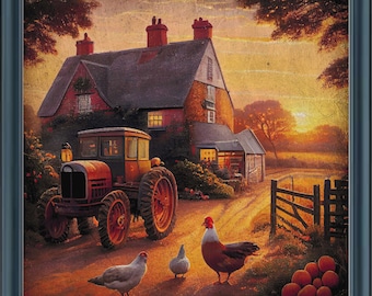 Vintage Farm Life Cross Stitch Pattern: Tractor & Chickens (Digital Download)