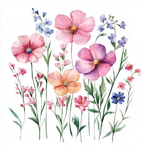 Wilde bloemen clipartbundel, kunst aan de muur, afdrukbare aquarel, hoge kwaliteit JPG PNG, Paper Craft, Junk Journal, uitnodiging, bruiloft, kaart