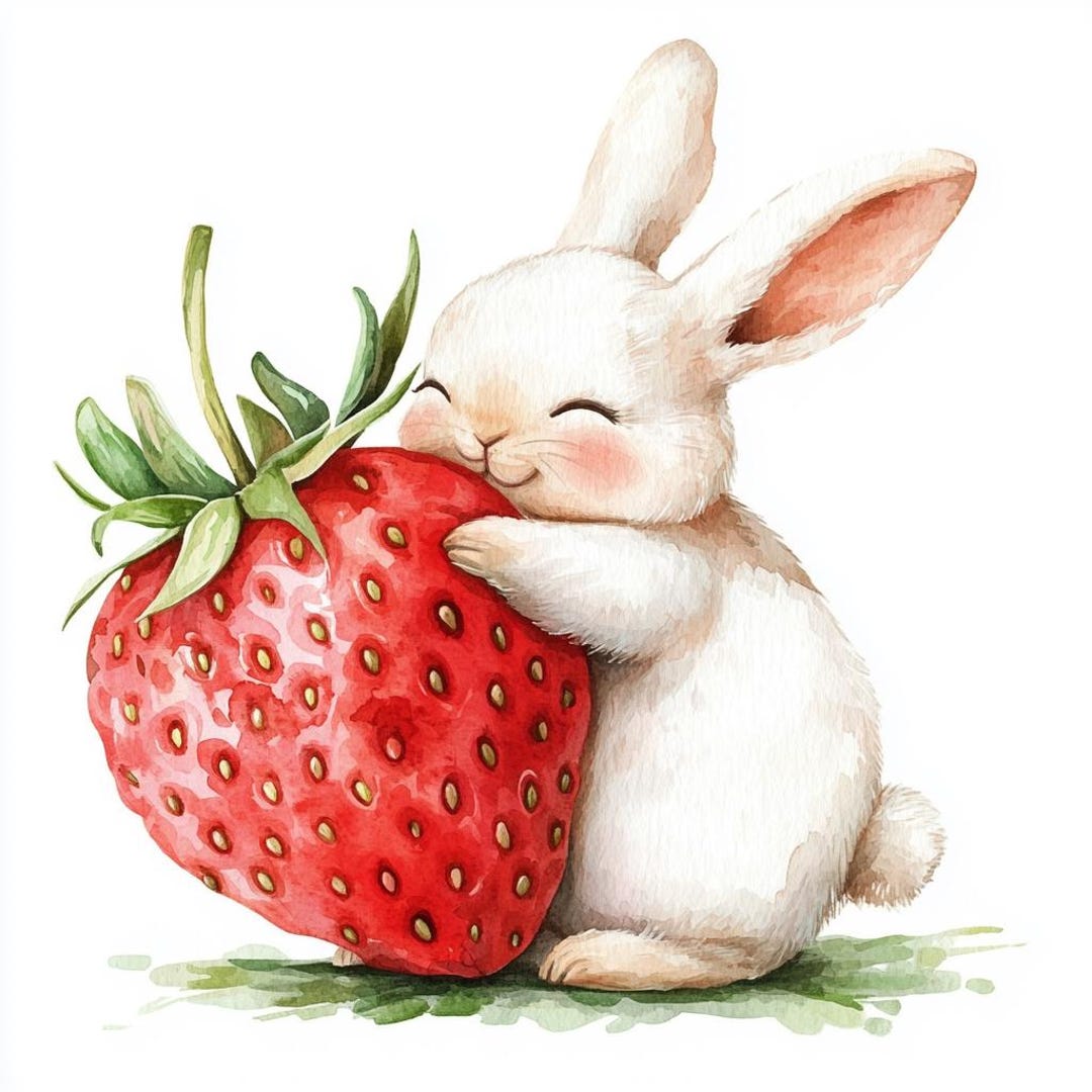 Watercolor Bunny Clipart: Strawberry Image, Nursery Art (JPG PNG