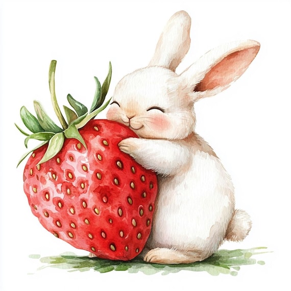 Watercolor Bunny Clipart: Strawberry Image, Nursery Art (JPG PNG