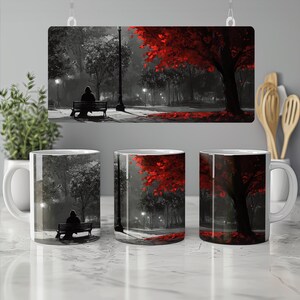 May include: Three white ceramic mugs and a rectangular wall art piece featuring a grayscale park scene with a person on a bench and a vibrant red tree. The mugs display the same artwork, offering a cohesive design.