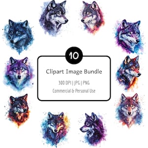 Paquete de 10 imágenes prediseñadas de lobos galácticos en acuarela, PNG y JPG, 300 DPI, descarga digital.