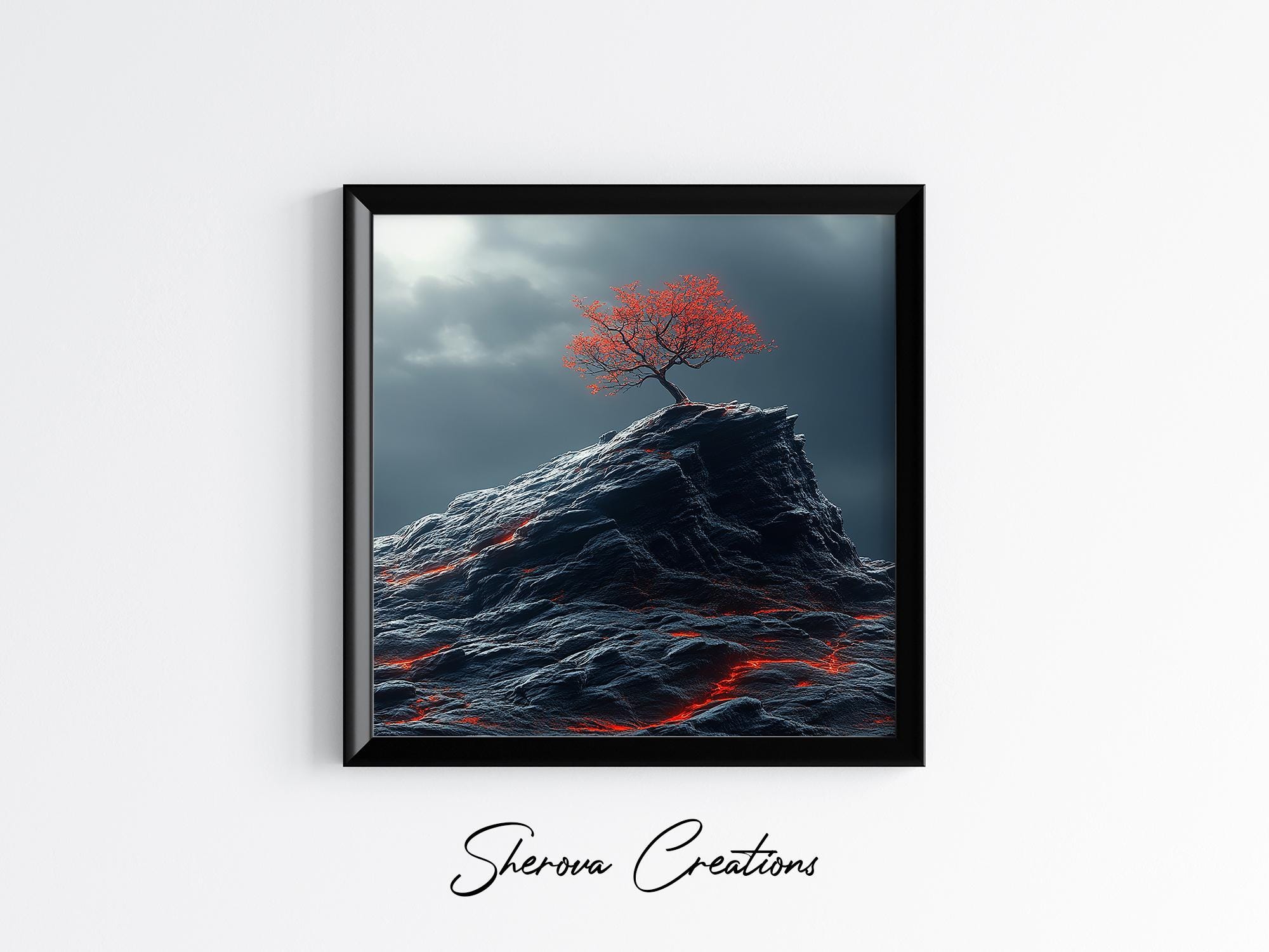 Red Tree On Fiery Cliff - Digital Art ** Digital | Printable ** PNG | JPG **