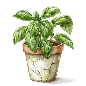 Paquete de 10 imágenes prediseñadas de albahaca cottagecore de alta calidad en acuarela, imagen de hierba imprimible para diario basura, descarga instantánea de gráficos de maceta JPG PNG