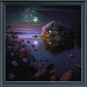 May include: A small cottage covered in purple flowers sits on a small island in a lake. The lake is calm and reflects the moon and stars in the night sky.