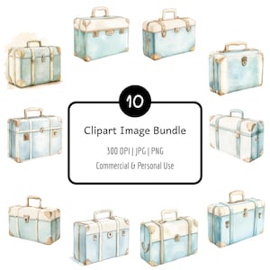 10 Vintage Suitcase Clipart Bundle, Watercolor, Travel, Digital Download, PNG & JPG