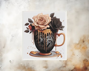 Gothic Coffee Cup Roses Cross Stitch Pattern (PDF)