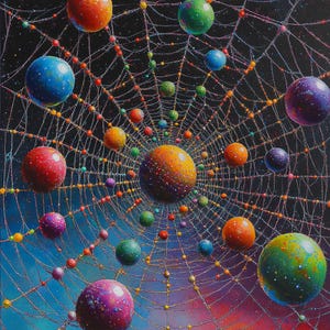 Puede incluir: Pintura abstracta que presenta una estructura similar a una telaraña con esferas coloridas de varios tamaños. Las esferas son en tonos de rojo, naranja, verde, azul y morado, conectadas por una red de líneas sobre un fondo oscuro. La obra tiene un tema cósmico o celestial.