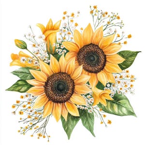 Sonnenblumenstrauß Clipart Bundle, Wandkunst, druckbares Aquarell, hochwertige JPG PNG, Papiermodelle, Junk Journal, Einladung, Hochzeit, Karte