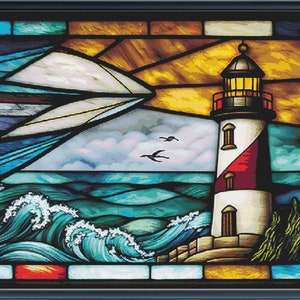 Stained Glass Lighthouse Counted Cross Stitch Pattern ** Digital | Printable **