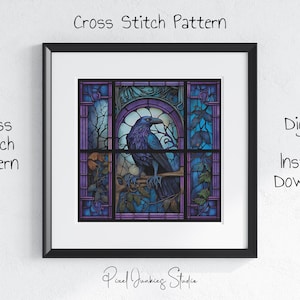 Vitrail corbeau au point de croix, PDF Art mural oiseau gothique
