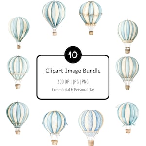 10 Watercolor Hot Air Balloon Clipart Bundle, Blue, Nursery, Digital Download, PNG & JPG