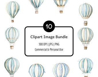10 Watercolor Hot Air Balloon Clipart Bundle, Blue, Nursery, Digital Download, PNG & JPG
