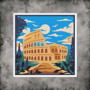 Colosseo Roma Schema punto croce, design ricamo fai da te, ricamo paesaggio moderno, arte murale unica, download istantaneo