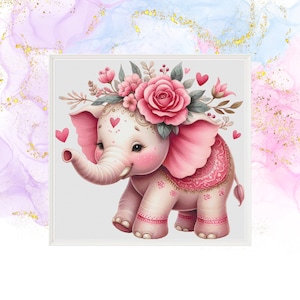 May include: A pink elephant with a floral crown and pink and white patterned details. The elephant has a sweet expression and is standing on a white background.