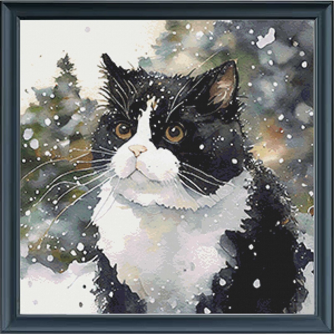 Winter Tuxedo Cat Cross Stitch Pattern Full Coverage 264x264 Tuxedo Cat
