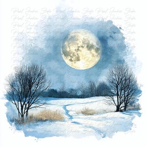 Paquete de 10 imágenes prediseñadas de acuarela de alta calidad con diseño de luna invernal estilo cottagecore, imagen de paisaje imprimible para diario basura, descarga instantánea de gráficos JPG y PNG.