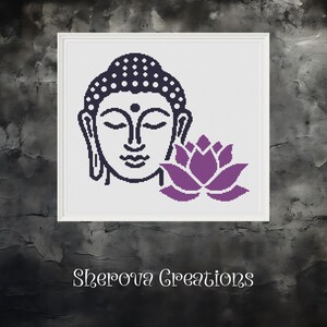 May include: Black and white line art illustration of a Buddha with a purple lotus flower. The Buddha has a dot on his forehead and closed eyes. The lotus flower has six petals.
