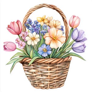 Wildflower mand clipartbundel, kunst aan de muur, afdrukbare aquarel, hoge kwaliteit JPG PNG, Paper Craft, Junk Journal, uitnodiging, bruiloft, kaart