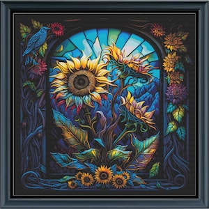 May include: A stained glass window design featuring a cluster of sunflowers in shades of yellow, orange, and red. The sunflowers are set against a backdrop of blue and purple mountains. The window is framed by a dark border.