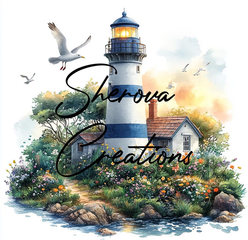 Cursive Lighthouse Lighthouse Watercolor Clipart Bundle: Coastal Wall Art (JPG) - Etsy