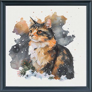 May include: A watercolor painting of a brown tabby cat sitting in the snow with a pine branch behind it. The cat has orange and black markings and is looking to the left. The background is a watercolor wash of blue and brown.