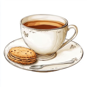 Paquete de 10 imágenes prediseñadas de té y galletas en acuarela de alta calidad, imagen imprimible de diario basura, bebida de café, descarga instantánea de gráficos JPG y PNG.