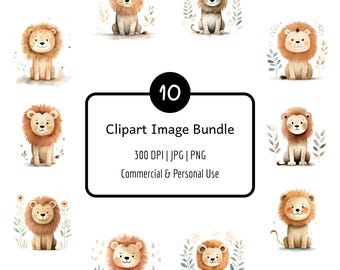 10 Watercolour Lion Clipart Bundle, PNG & JPG, 300 DPI, Digital Download