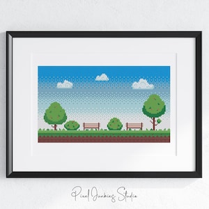 Peut inclure: Impression encadrée d'art pixel représentant une scène de parc. L'œuvre présente un ciel bleu avec des nuages blancs, des arbres verts, des buissons et deux bancs. Le sol est vert et marron. L'impression est dans un cadre noir.