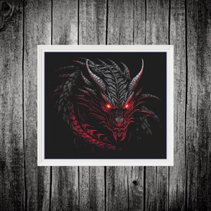 May include: A close-up of a black dragon with red eyes and a menacing expression. The dragon's scales are detailed and the background is black.