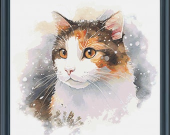 Winter Calico Cat Counted Cross Stitch Pattern ** Digital | Printable **