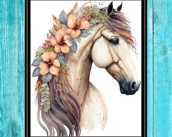 May include: A watercolor painting of a white horse with a floral crown. The crown is made of pink, peach, and white flowers. The horse's mane and tail are a mix of brown and white.