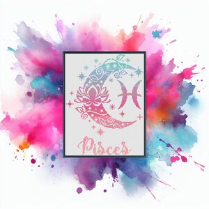 Peut inclure: Un motif de point de croix représentant un croissant de lune avec une fleur de lotus et le symbole astrologique des Poissons. La lune est décorée de motifs floraux et d'étoiles. Le mot "Poissons" est écrit sous la lune.