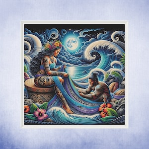 Puede incluir: Una pintura colorida de una pareja en un entorno tropical. La mujer lleva un vestido azul y blanco y el hombre lleva una camisa azul y blanca. Están de pie frente a una gran ola y una palmera.