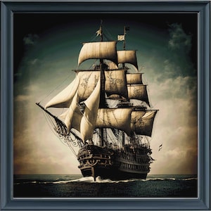 May include: A vintage-style painting of a large, intricately detailed sailing ship with billowing white sails against a dramatic, stormy sky. The ship is sailing on a dark blue ocean.