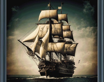 May include: A vintage-style painting of a large, intricately detailed sailing ship with billowing white sails against a dramatic, stormy sky. The ship is sailing on a dark blue ocean.