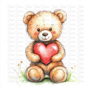 Lot de 10 cliparts aquarelle haute qualité Cottagecore ours en peluche, image de coeur d'amour imprimable journal indésirable, téléchargement immédiat graphique JPG PNG