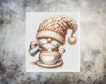 May include: A gnome wearing a brown knitted hat pours cream into a white mug of coffee with a brown and white design. The gnome is holding a silver pitcher.