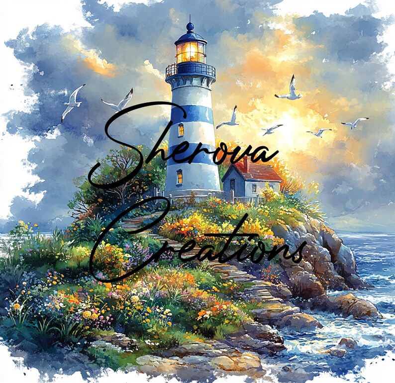 Cursive Lighthouse Lighthouse Watercolor Clipart Bundle: Coastal Wall Art (JPG) - Etsy