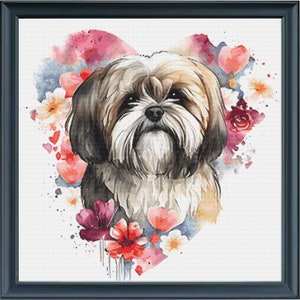 May include: A framed watercolor print of a Shih Tzu dog, surrounded by a heart-shaped arrangement of pink and red hearts and flowers. The dog has brown and white fur and a sweet expression. The artwork is set against a white background.