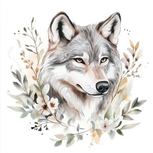 Paquete de imágenes prediseñadas de lobo, arte mural, acuarela imprimible, JPG PNG de alta calidad, manualidades de papel, diario basura, invitación, boda, tarjeta