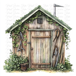Lot de 10 cliparts aquarelle haute qualité Cottagecore abri de jardin, image de plante imprimable journal indésirable, téléchargement immédiat graphique JPG PNG