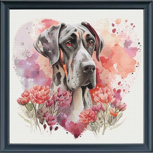 May include: A watercolor painting of a Great Dane dog with a pink and purple background. The dog is surrounded by pink flowers.