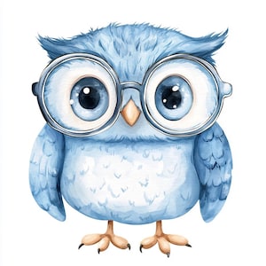 Paquete de 10 imágenes prediseñadas de búho con gafas en acuarela de alta calidad, imagen imprimible de un pájaro peludo para diario basura, descarga instantánea de gráficos JPG y PNG.