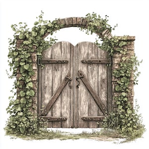 Paquete de 10 imágenes prediseñadas de puerta de jardín estilo cottagecore de acuarela de alta calidad, imagen imprimible de diario basura, flor, descarga instantánea de gráficos JPG y PNG.