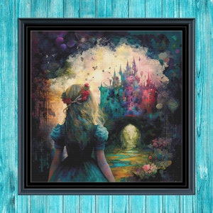 May include: A young girl with long blonde hair and a red flower crown walks towards a magical castle in a painting. The castle is a vibrant mix of blues, purples, and reds, and is surrounded by a lush green forest. The path leading to the castle is lined with flowers and greenery.