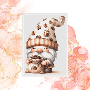 Puede incluir: Un gnomo marrón y blanco con barba blanca y un sombrero marrón decorado con granos de café. El gnomo sostiene una bolsa marrón de granos de café. El gnomo lleva un sombrero marrón con un borde blanco y una barba blanca. El gnomo sostiene una bolsa marrón de granos de café. El gnomo está de pie sobre un fondo blanco.