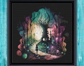 May include: A watercolor painting of a dark forest with a single figure walking down a path. The path leads to a large tree with a glowing light behind it. The forest is filled with colorful details and a sense of mystery.