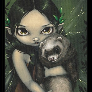 May include: A whimsical illustration of a fairy with long black hair and large eyes holding a ferret. The fairy is wearing a green leaf crown and has a delicate fairy wing. The background is a dark green with a subtle pattern of vines and leaves.